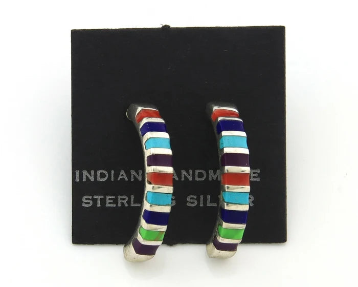 Navajo Half Hoop Earrings Sterling Silver Natural Gemstone Native Handmade