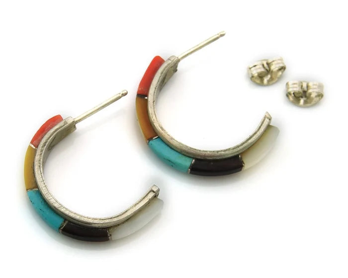 Navajo Half Hoop Earrings Sterling Silver Natural Gemstone Native Handmade