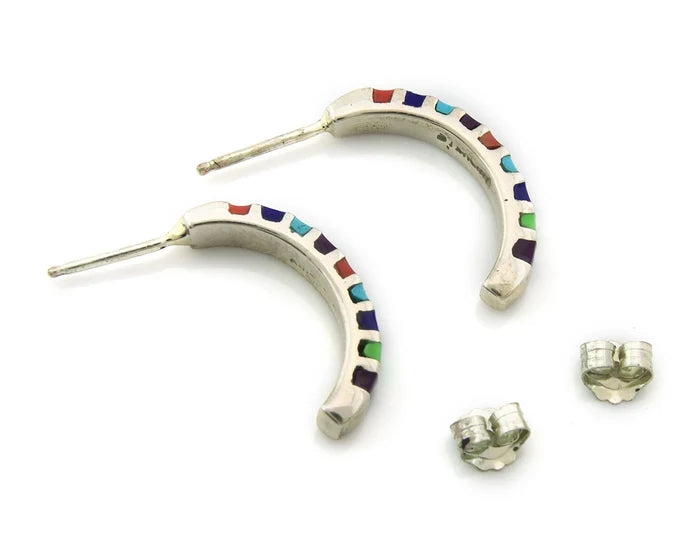 Navajo Half Hoop Earrings Sterling Silver Natural Gemstone Native Handmade