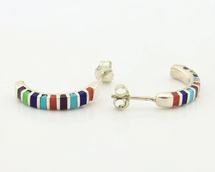 Navajo Half Hoop Earrings Sterling Silver Natural Gemstone Native Handmade
