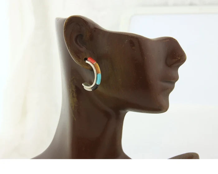 Navajo Half Hoop Earrings Sterling Silver Natural Gemstone Native Handmade