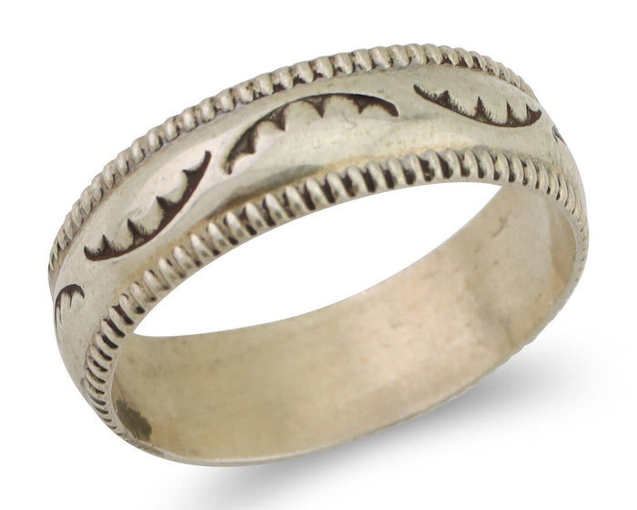 Navajo Hand Stamped Band 925 Silver 6.0 mm Native Artist Size 7.5 C.80's