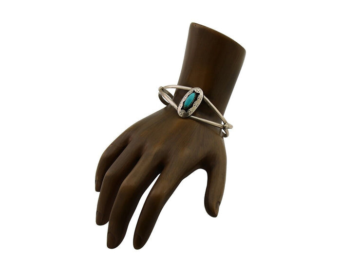 Navajo Hand Stamped Cuff Bracelet Turquoise 925 Silver Artist Signed IJC C.80's