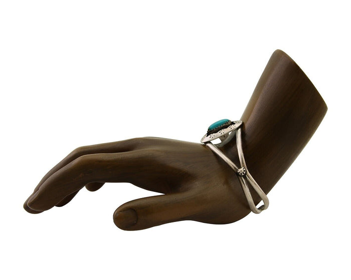Navajo Hand Stamped Cuff Bracelet Turquoise 925 Silver Artist Signed IJC C.80's