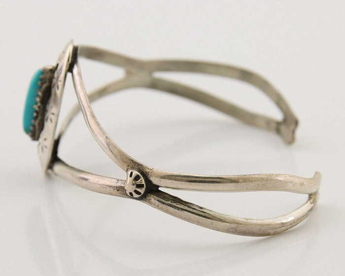 Navajo Hand Stamped Cuff Bracelet Turquoise 925 Silver Artist Signed IJC C.80's