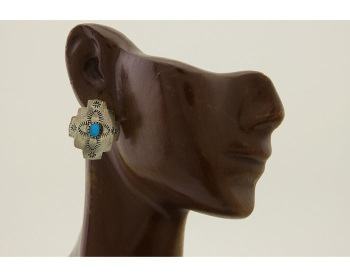 Navajo Hand Stamped Earrings 925 Silver Turquoise Native American Artist C.80's