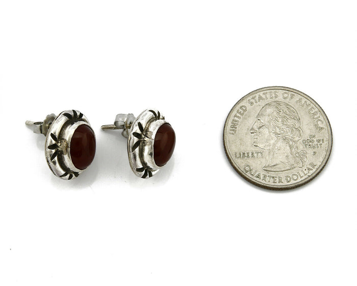 Navajo Hand Stamped Natural Mined Cornelian .925 SOLID Silver Stud Earrings