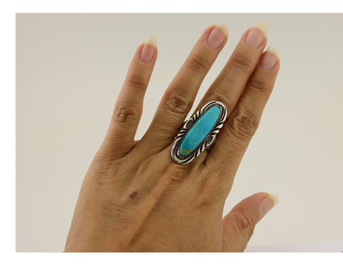 Navajo Hand Stamped Ring 925 Silver Turquoise Native Artist Begay C.80's
