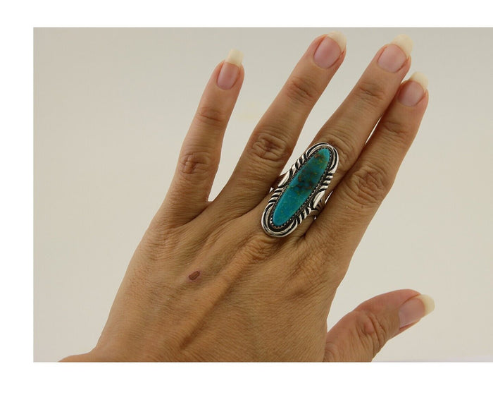 Navajo Hand Stamped Ring 925 Silver Turquoise Native Artist Begay C.80's