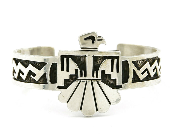 Navajo Handmade Bracelet .925 Silver Thunderbird Overlay Cuff