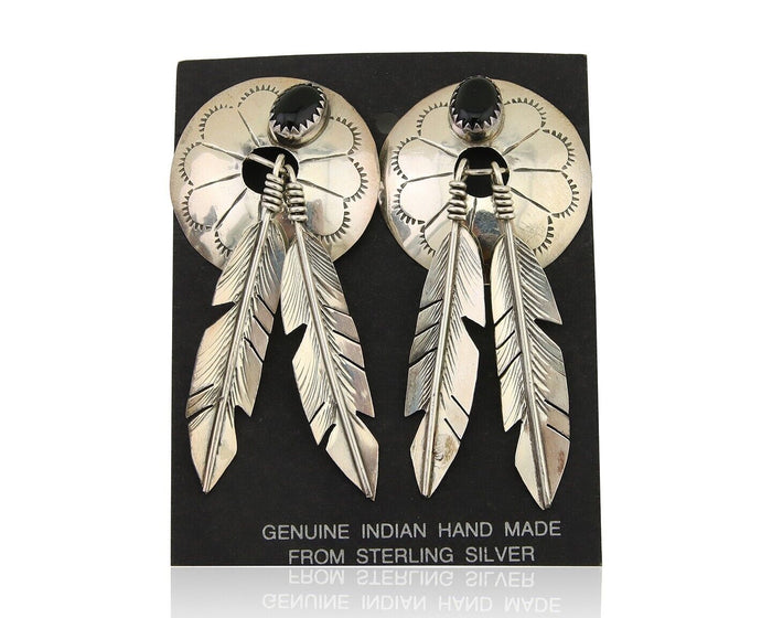 Navajo Handmade Earrings 925 Silver Onyx Native American Artist C.80's