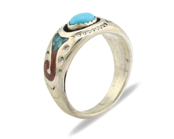 Navajo Handmade Ring 925 Silver Blue Turquoise & Coral Native American Artist