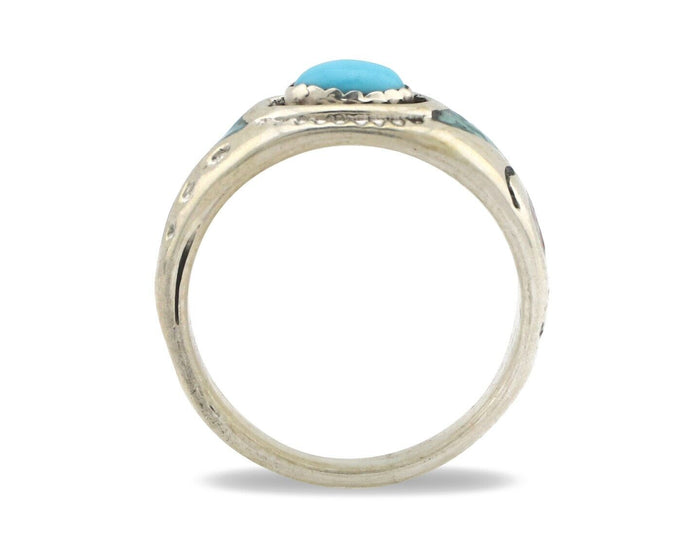 Navajo Handmade Ring 925 Silver Blue Turquoise & Coral Native American Artist