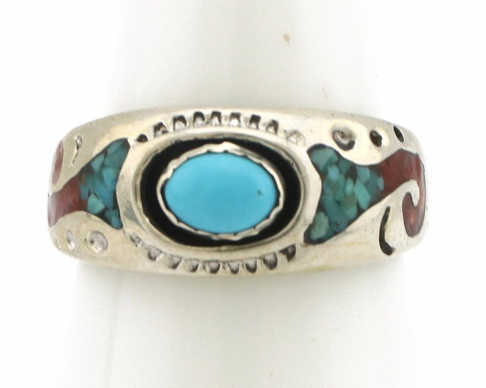 Navajo Handmade Ring 925 Silver Blue Turquoise & Coral Native American Artist