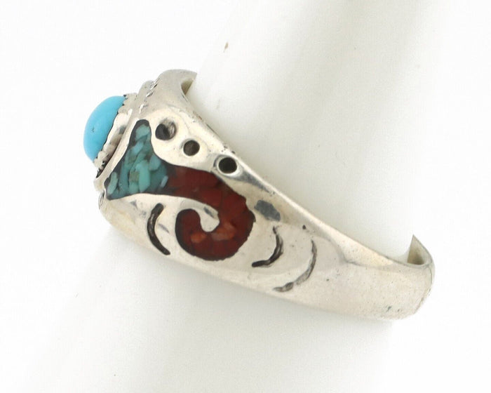 Navajo Handmade Ring 925 Silver Blue Turquoise & Coral Native American Artist