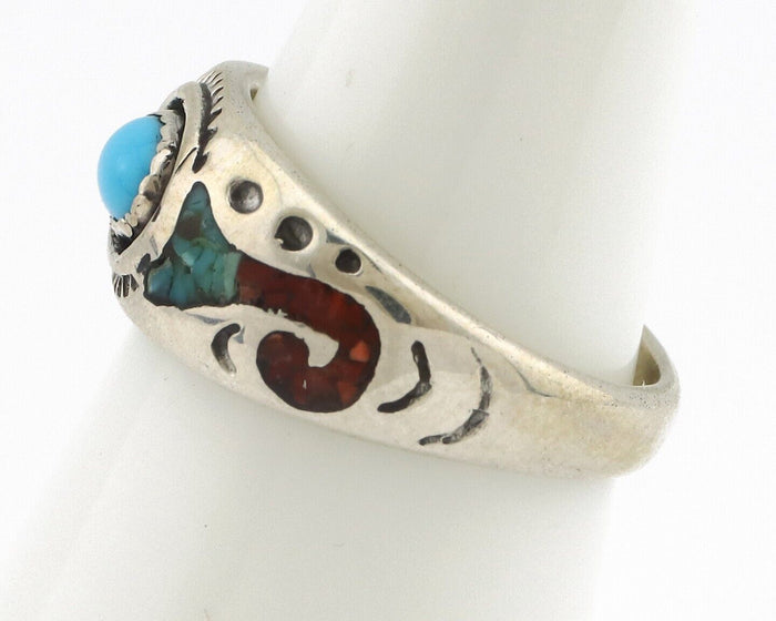 Navajo Handmade Ring 925 Silver Blue Turquoise & Coral Native American Artist
