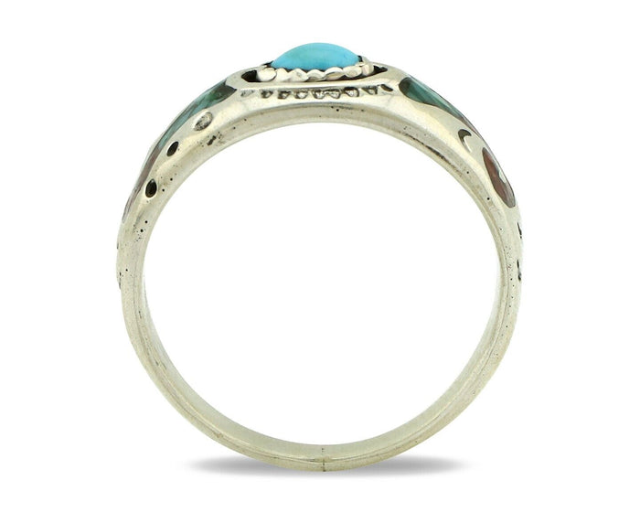 Navajo Handmade Ring 925 Silver Blue Turquoise & Coral Native American C.80's