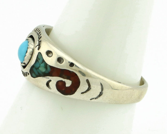 Navajo Handmade Ring 925 Silver Blue Turquoise & Coral Native American C.80's