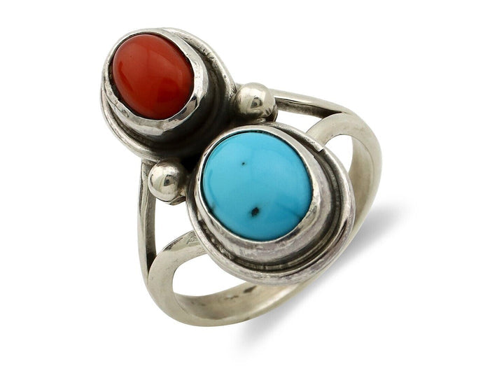 Navajo Handmade Ring 925 Silver Coral & Turquoise Native American Artist C.80's