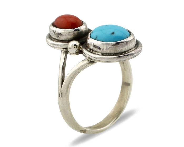 Navajo Handmade Ring 925 Silver Coral & Turquoise Native American Artist C.80's