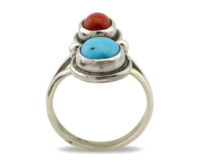 Navajo Handmade Ring 925 Silver Coral & Turquoise Native American Artist C.80's