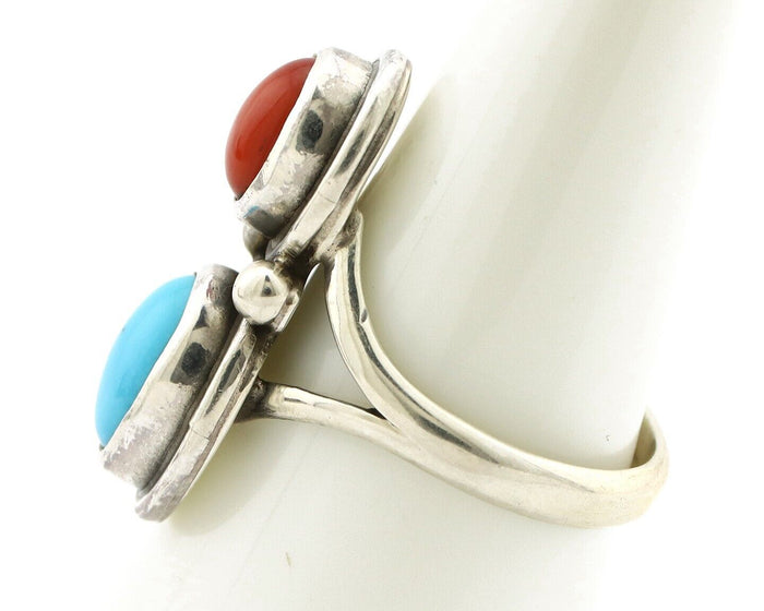 Navajo Handmade Ring 925 Silver Coral & Turquoise Native American Artist C.80's