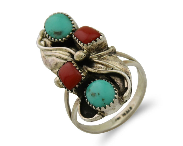 Navajo Handmade Ring 925 Silver Coral & Turquoise Native Artist C.80's