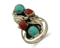Navajo Handmade Ring 925 Silver Coral & Turquoise Native Artist C.80's