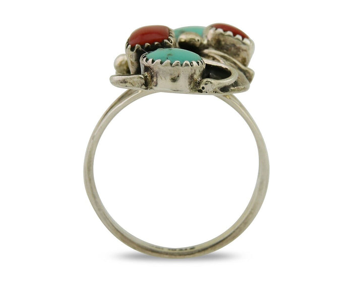 Navajo Handmade Ring 925 Silver Coral & Turquoise Native Artist C.80's