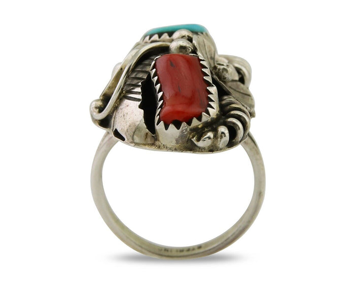 Navajo Handmade Ring 925 Silver Coral & Turquoise Native Artist C.80's