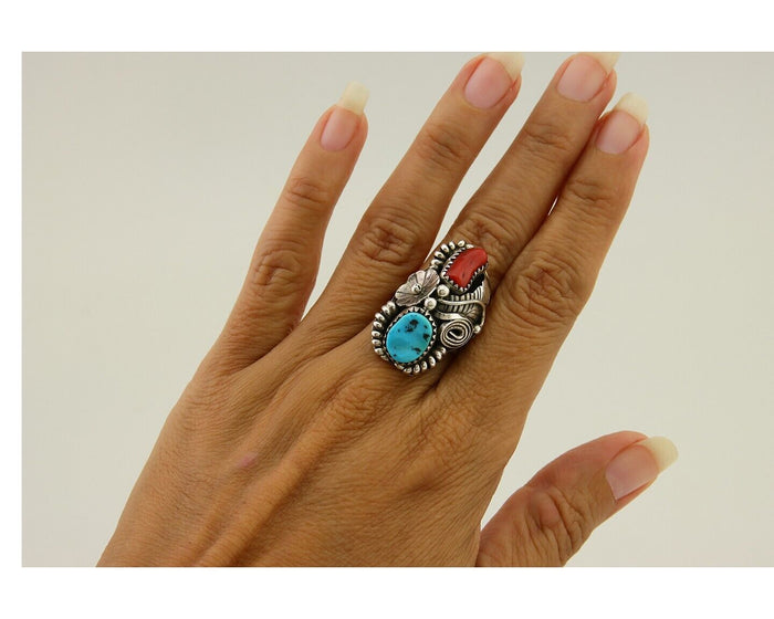Navajo Handmade Ring 925 Silver Coral & Turquoise Native Artist C.80's