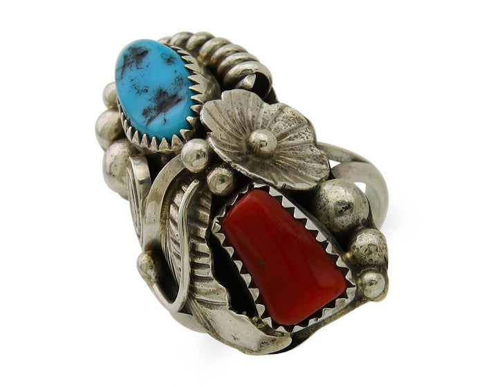 Navajo Handmade Ring 925 Silver Coral & Turquoise Signed Circle Max C.80's