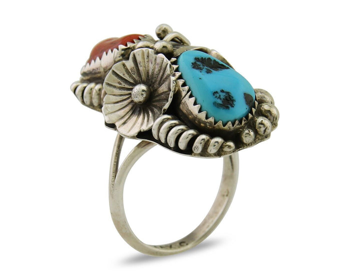Navajo Handmade Ring 925 Silver Coral & Turquoise Signed Circle Max C.80's
