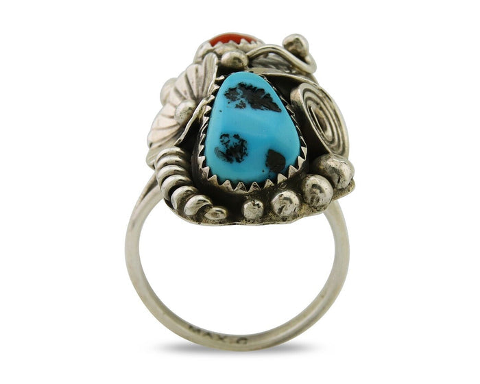 Navajo Handmade Ring 925 Silver Coral & Turquoise Signed Circle Max C.80's