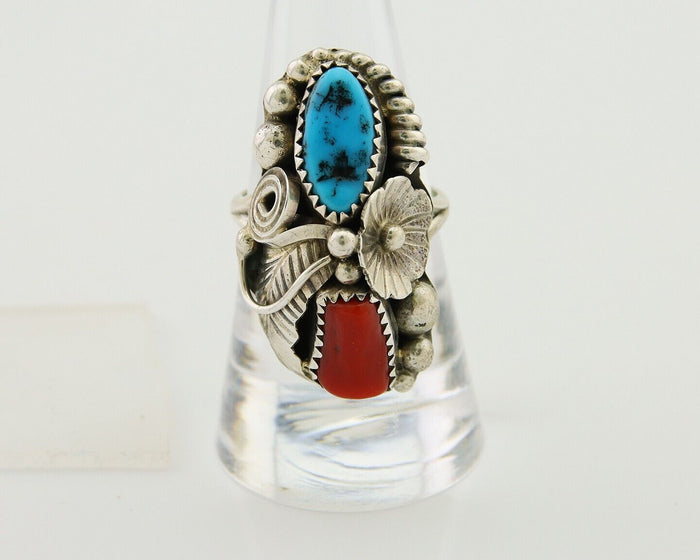Navajo Handmade Ring 925 Silver Coral & Turquoise Signed Circle Max C.80's
