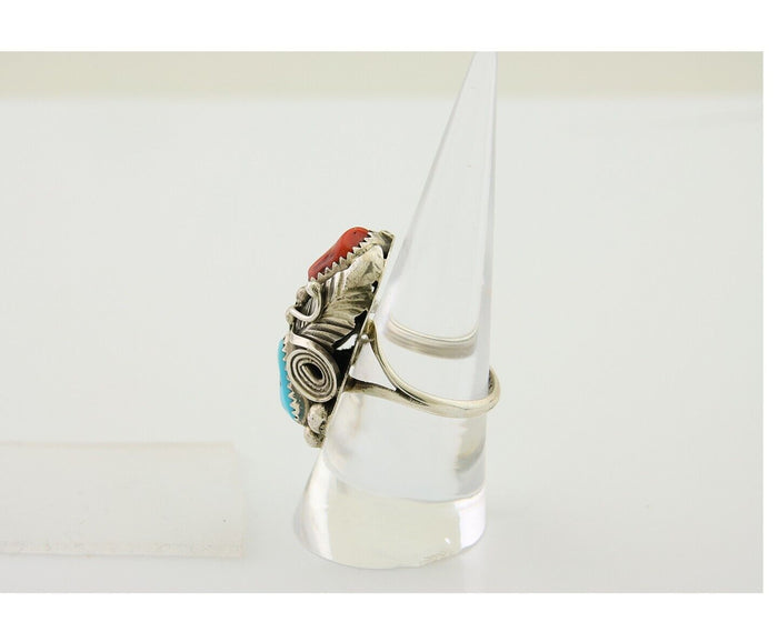 Navajo Handmade Ring 925 Silver Coral & Turquoise Signed Circle Max C.80's