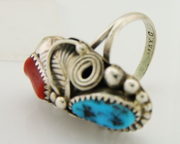 Navajo Handmade Ring 925 Silver Coral & Turquoise Signed Circle Max C.80's