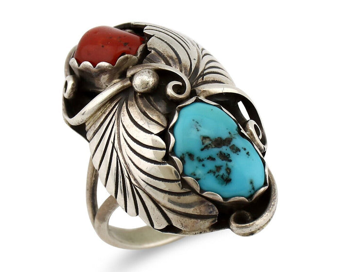 Navajo Handmade Ring 925 Silver Turquiose & Coral Artist Signed E C.80's