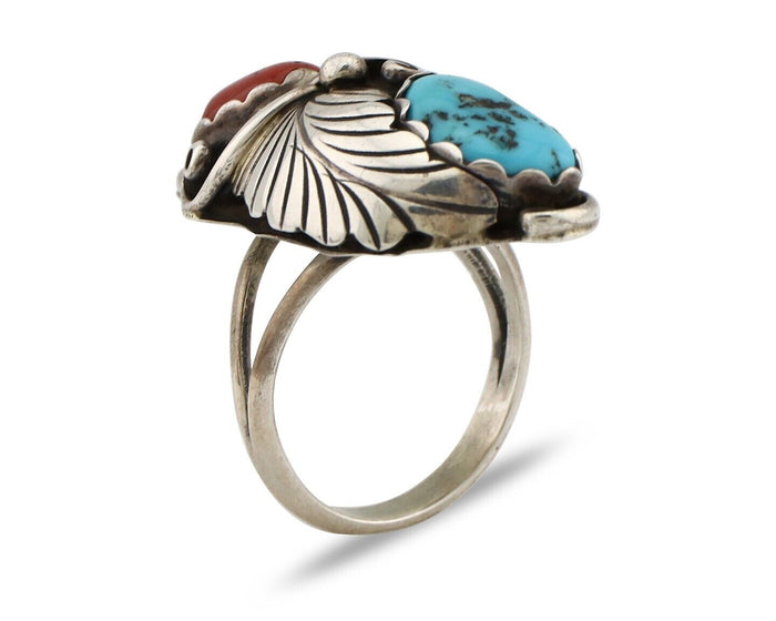 Navajo Handmade Ring 925 Silver Turquiose & Coral Artist Signed E C.80's