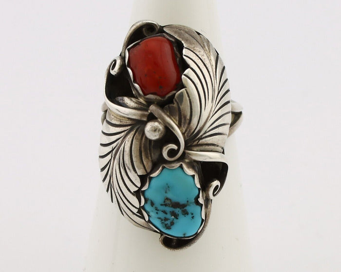 Navajo Handmade Ring 925 Silver Turquiose & Coral Artist Signed E C.80's