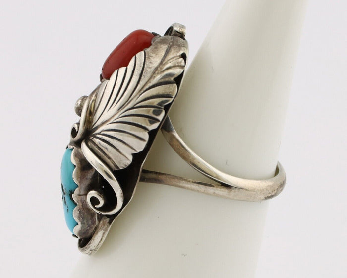 Navajo Handmade Ring 925 Silver Turquiose & Coral Artist Signed E C.80's