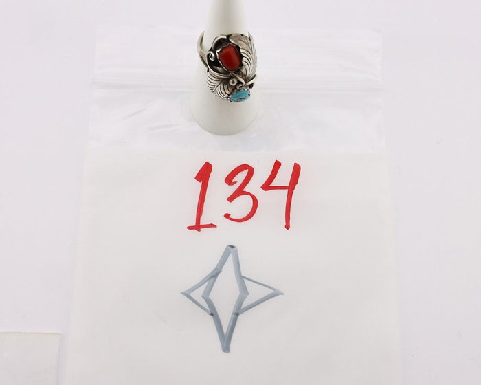 Navajo Handmade Ring 925 Silver Turquiose & Coral Artist Signed E C.80's