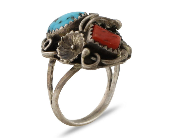 Navajo Handmade Ring 925 Silver Turquiose & Coral Artist Signed M C.80's