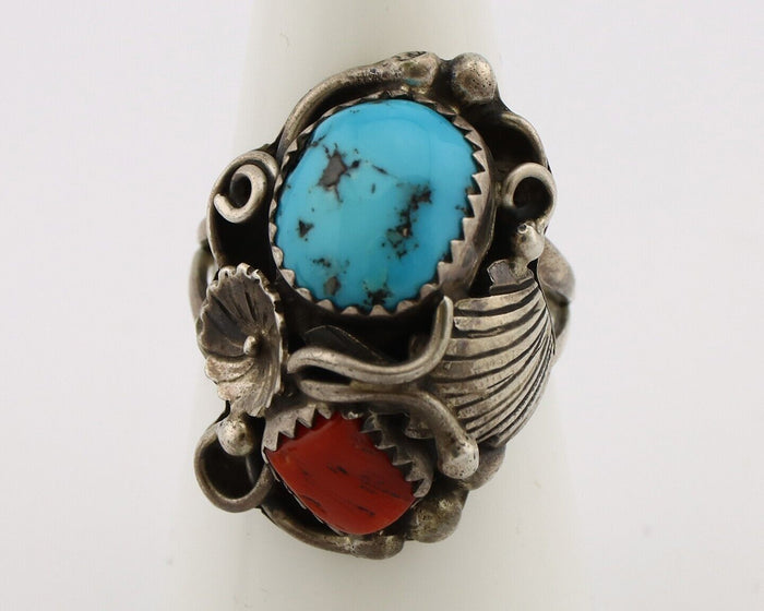 Navajo Handmade Ring 925 Silver Turquiose & Coral Artist Signed M C.80's