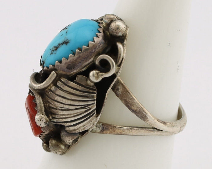Navajo Handmade Ring 925 Silver Turquiose & Coral Artist Signed M C.80's