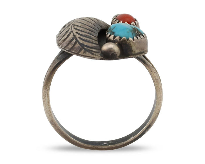 Navajo Handmade Ring 925 Silver Turquiose & Coral Artist Signed Moore C.80's