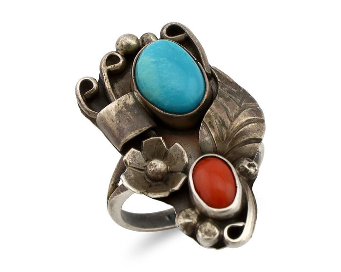 Navajo Handmade Ring 925 Silver Turquiose & Coral Artist Signed WJ C.80's