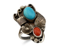 Navajo Handmade Ring 925 Silver Turquiose & Coral Artist Signed WJ C.80's
