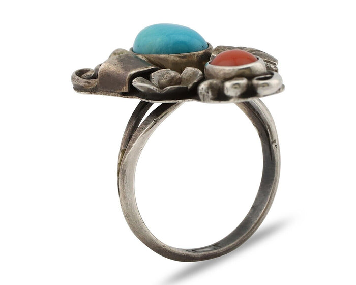 Navajo Handmade Ring 925 Silver Turquiose & Coral Artist Signed WJ C.80's