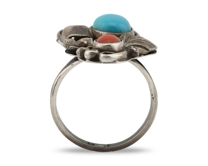 Navajo Handmade Ring 925 Silver Turquiose & Coral Artist Signed WJ C.80's